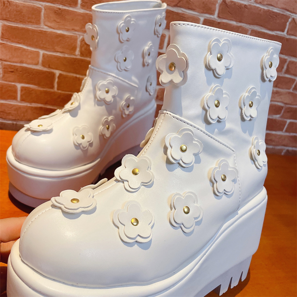 SHU MIAOS HOME REAL SHOT WHITE FLOWER PLATFORM WEDGE BOOTS NEW CUSTOM MARTIN BOOTS WOMENS BOOTS