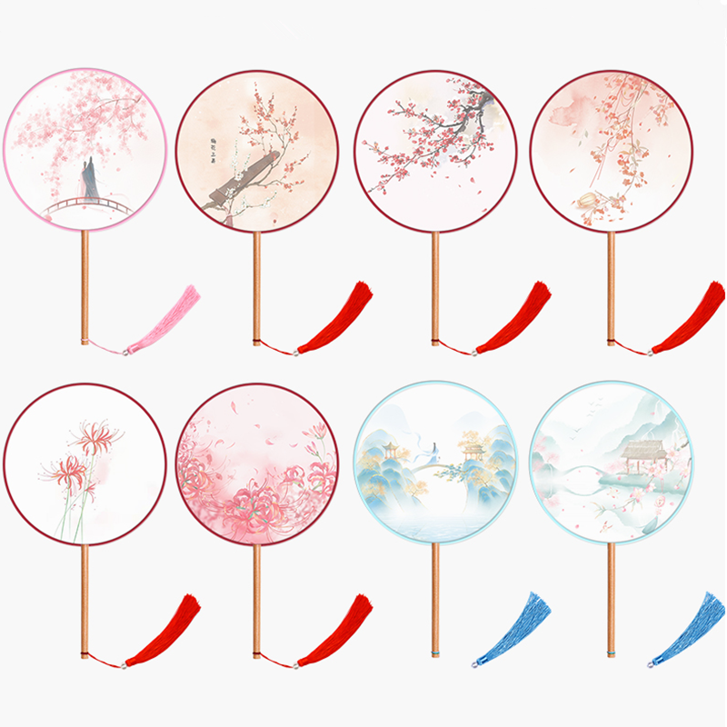 TUANFAN 고대 팬 어린이 여름 반투명 긴 손잡이 술 댄스 팬 여성 의상 HANFU 치파오 자수 작은 원형 팬