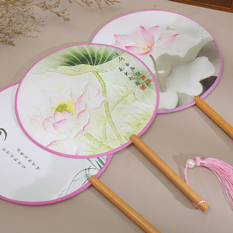 TUANFAN 고대 팬 어린이 여름 반투명 긴 손잡이 술 댄스 팬 여성 의상 HANFU 치파오 자수 작은 원형 팬