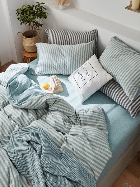 裸睡a类纯棉针织天竺棉床上三四件套 全棉超柔软简约条纹被套床单