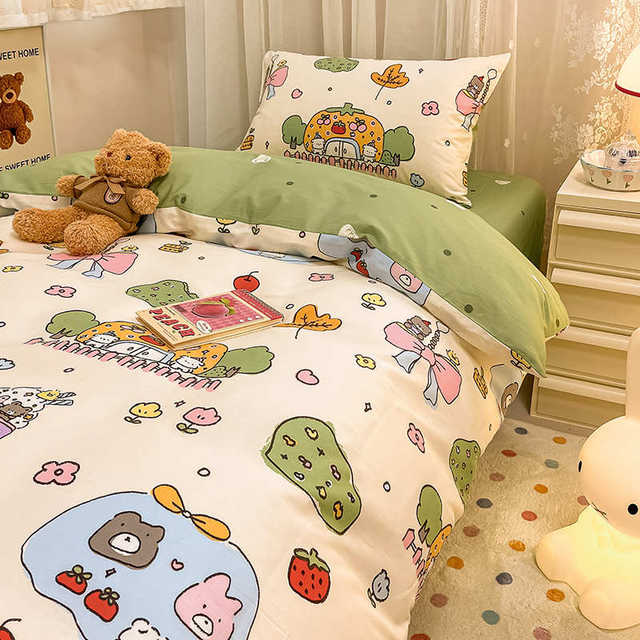 Ins Cotton Small Fresh Cartoon Student Door Three-Piece Set Pure Cotton Quilt Cover Bed Sheet Four-Piece Set Bedding