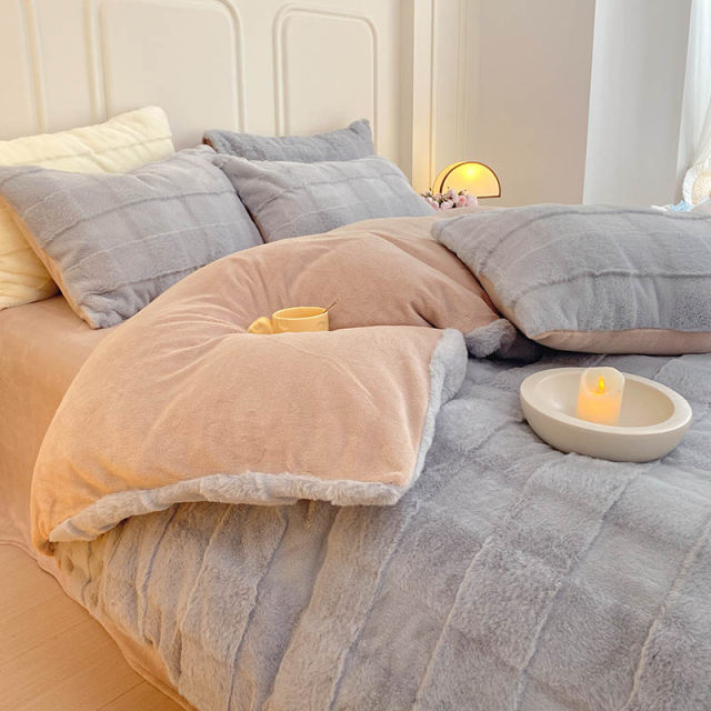Winter rabbit velvet bed four-piece set thickened milk velvet bed sheets and quilt covers warm double-sided frosted bed covers