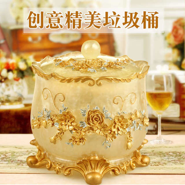 European-style living room household trash can with lid move to a new home high-end resin trash can creative desktop storage barrel