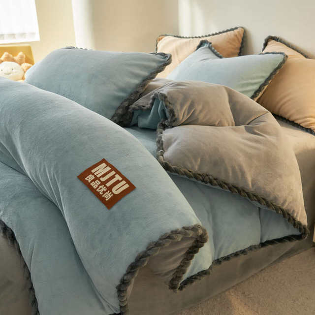 Double-sided milk velvet four-piece set thickened winter coral velvet bedding plus velvet warm flannel quilt cover bed sheet