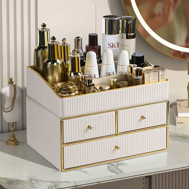 Leather high-end cosmetic storage box dressing table multi-functional finishing dustproof jewelry light luxury drawer storage rack