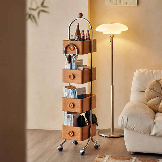 Household floor-standing bookshelf living room cherry wood corner storage rack movable storage cabinet storage display cabinet corner cabinet