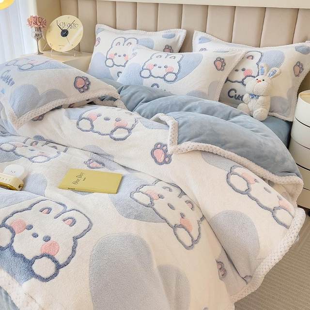 Children's bed sheets, four-piece set, autumn and winter milk velvet coral velvet three-piece set, plush cartoon quilt cover, double-sided plush bedding