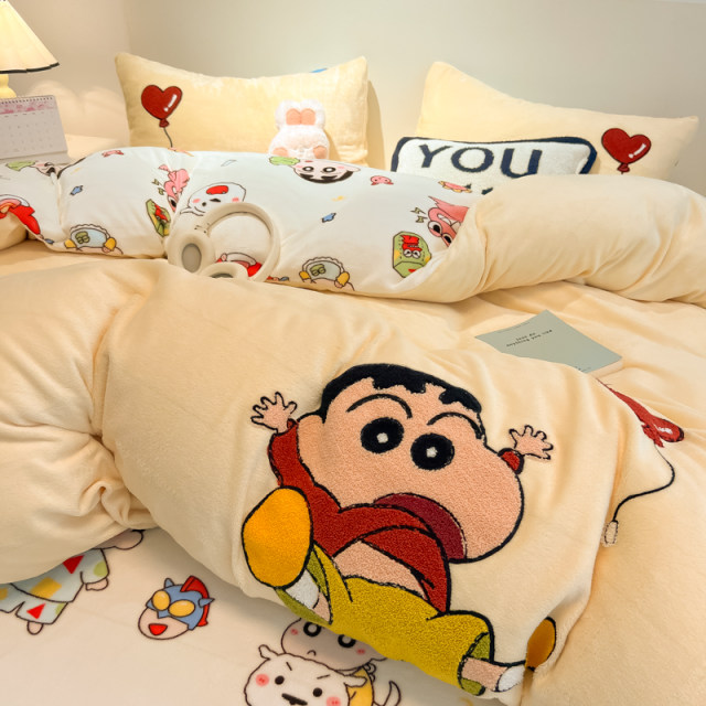 Crayon Shin-shirt on the bed four-piece set of milk velvet autumn and winter season plus velvet children's coral velvet sheets and quilt cover three-piece set
