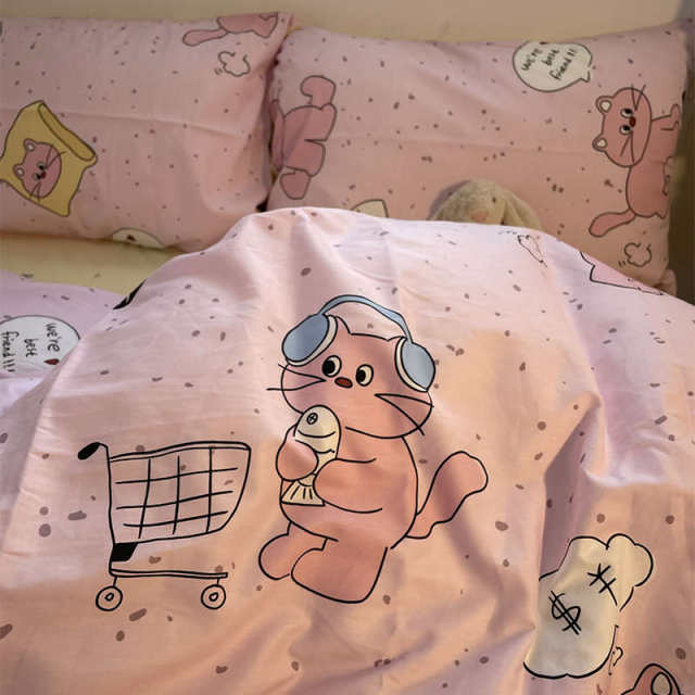 Cute fish cat pure cotton four-piece set of cotton girl heart cartoon quilt cover bed sheet dormitory three-piece set of bedding