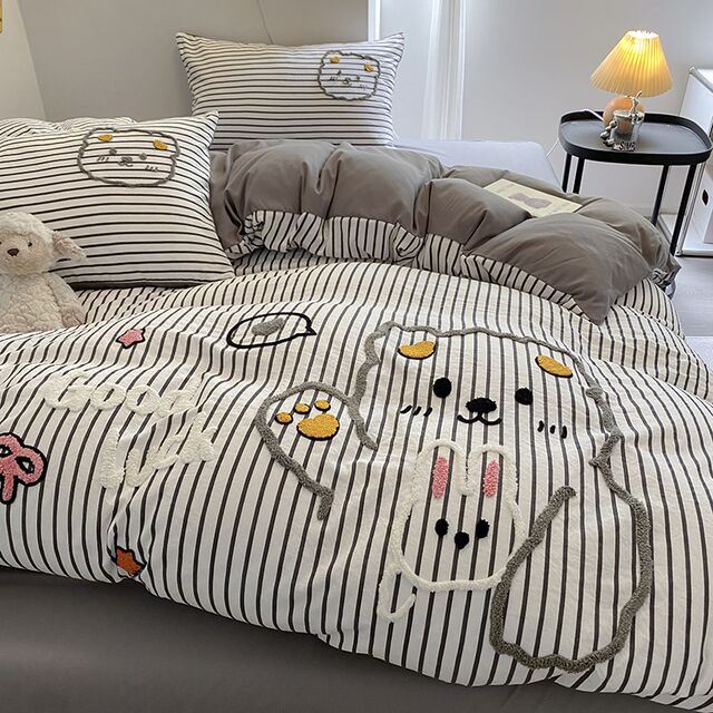Cartoon towel embroidery four-piece set non-full q cotton student three-piece set dormitory bedding princess style bed sheets and fittings style