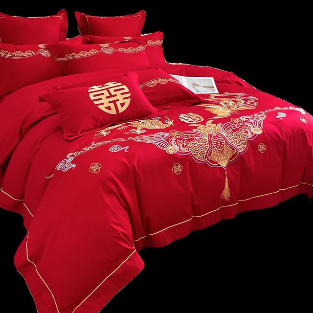 Chinese style dragon and phoenix embroidery big red wedding v four-piece set six-piece bed sheet quilt cover bedding bed cover