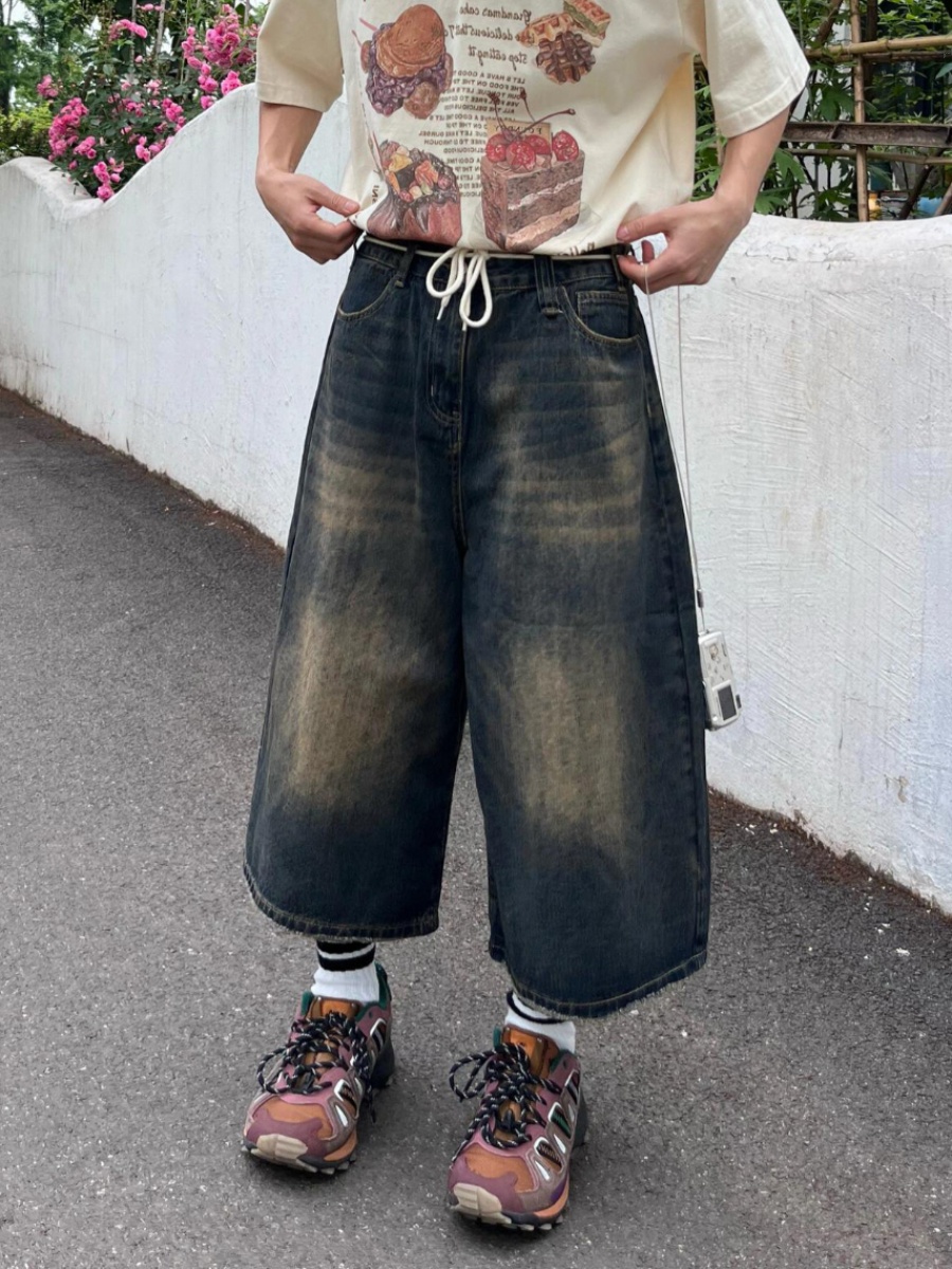 SUMMER AMERICAN RETRO WIDE-LEG DENIM SHORTS MENS WASHED DISTRESSED CROPPED PANTS HIGH STREET LOOSE STRAIGHT-LEG MEDIUM PANTS