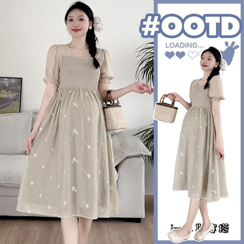 PREGNANT WOMEN SUMMER DRESS SMALL MAN 2024 NEW HIGH WAIST EMBROIDERY TEA BREAK MIDI LENGTH MATERNITY DRESS SUMMER