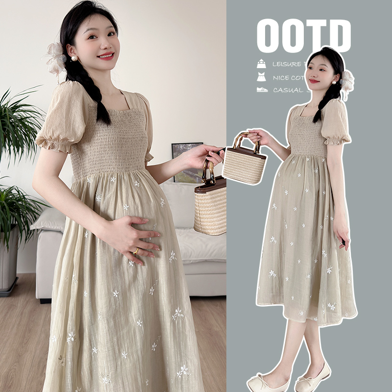 PREGNANT WOMEN SUMMER DRESS SMALL MAN 2024 NEW HIGH WAIST EMBROIDERY TEA BREAK MIDI LENGTH MATERNITY DRESS SUMMER