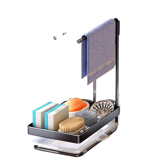 Kitchen stainless steel multi-function drain basket desktop household rag storage towel rack artifact sink storage rack