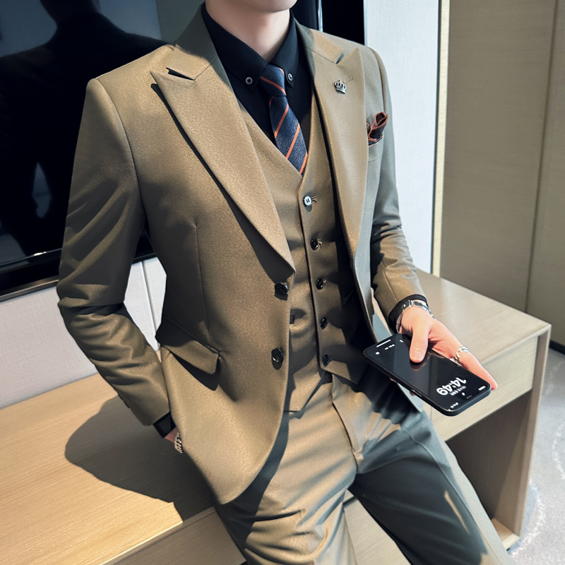 SPRING NEW MENS KOREAN VERSION SLIM DOUBLE-BUTTON SUIT SET STRETCH BUSINESS PROFESSIONAL SUIT SMALL SUIT THREE-PIECE SUIT