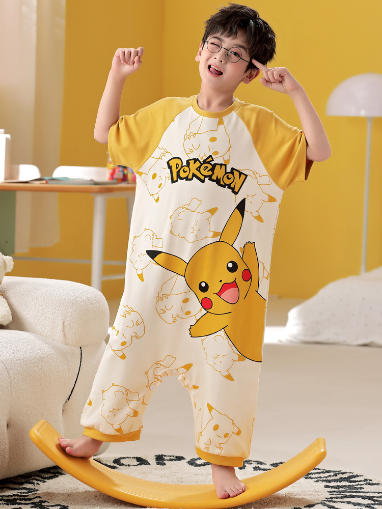 SUMMER NEW COTTON BOYS PAJAMAS CUTE CARTOON JINGLE BELL ONE-PIECE SKIRT SHORT SLEEVE MEDIUM AND BIG CHILDRENS LOUNGEWEAR SET
