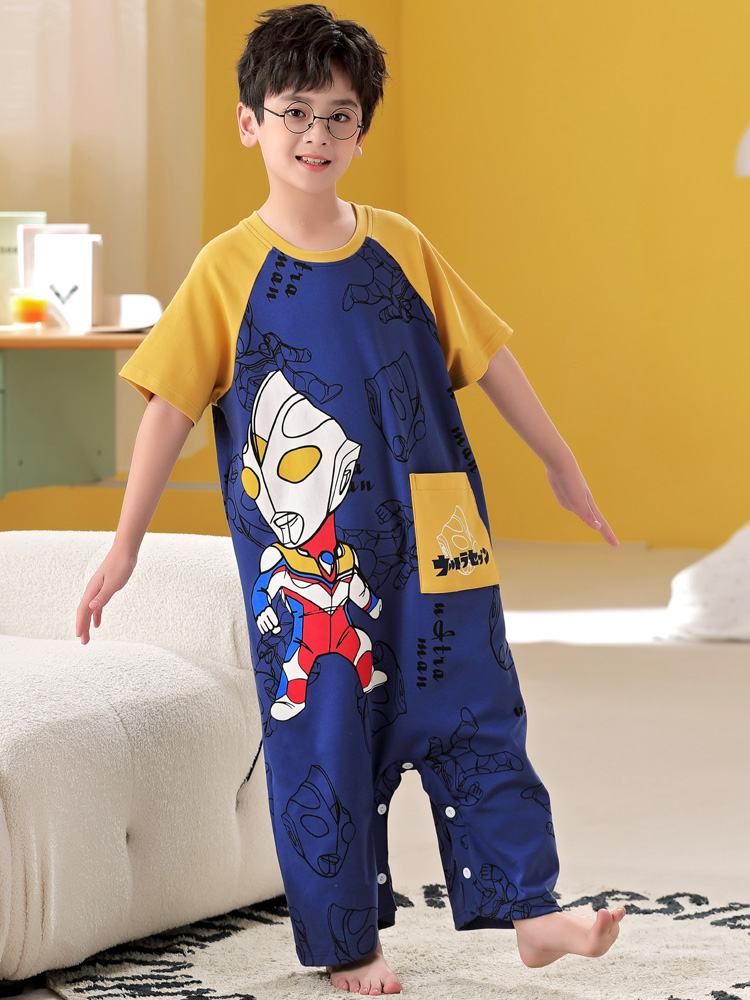 SUMMER NEW COTTON BOYS PAJAMAS CUTE CARTOON JINGLE BELL ONE-PIECE SKIRT SHORT SLEEVE MEDIUM AND BIG CHILDRENS LOUNGEWEAR SET