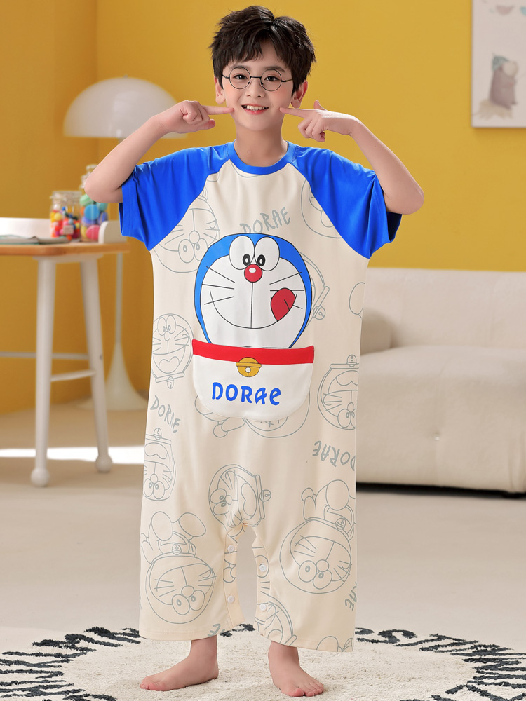 SUMMER NEW COTTON BOYS PAJAMAS CUTE CARTOON JINGLE BELL ONE-PIECE SKIRT SHORT SLEEVE MEDIUM AND BIG CHILDRENS LOUNGEWEAR SET