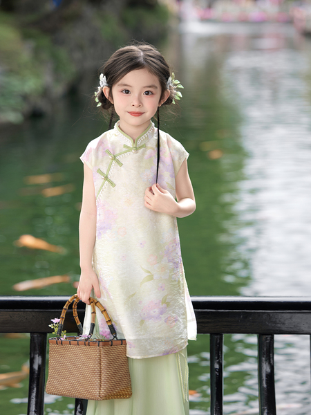 汉服女童26年夏装宝宝新中式绿色套装小女孩古装儿童日常休闲唐装
