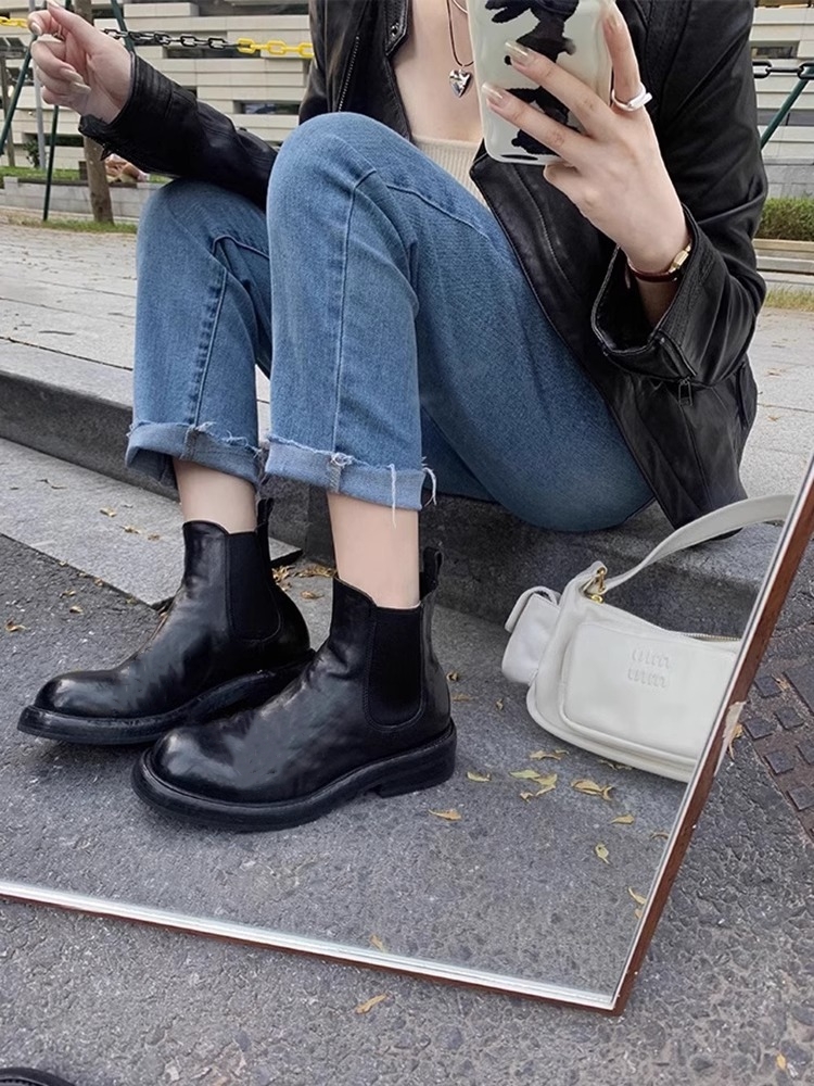 COWHIDE VERSION MARTIN BOOTS WOMENS BRITISH STYLE 2023 NEW VINTAGE VINTAGE VINTAGE CHELSEA BOOTS LEATHER BOOTS SMOKE TUBE BOOTS