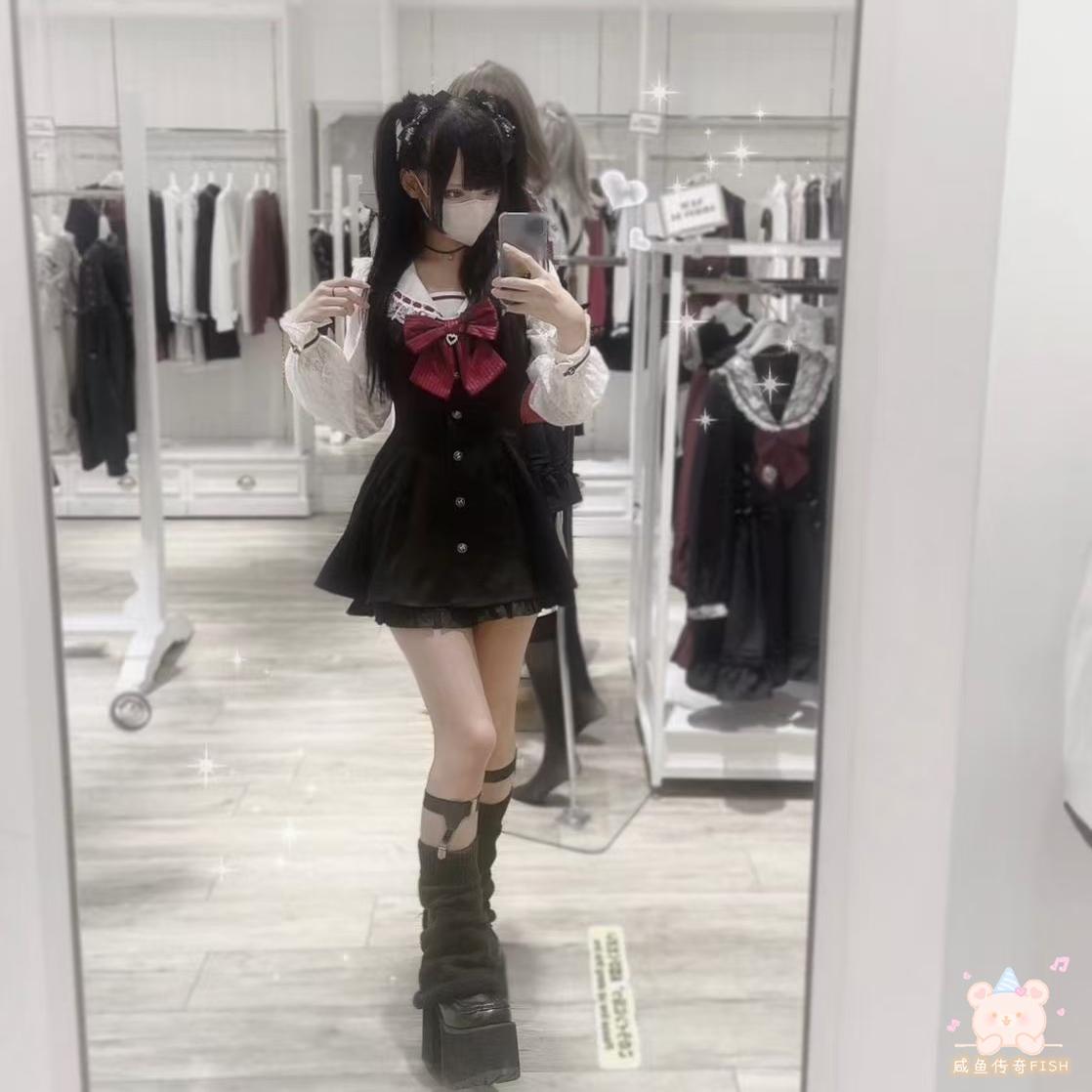 SALTED FISH HOME SC SUIT ORIGINAL D AUTUMN NEW LACE SLEEVE NAVY COLLAR MINE SERIES MASS-PRODUCED SKIRT AND CULOTTES SET