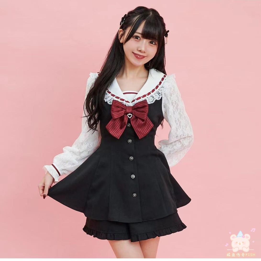 SALTED FISH HOME SC SUIT ORIGINAL D AUTUMN NEW LACE SLEEVE NAVY COLLAR MINE SERIES MASS-PRODUCED SKIRT AND CULOTTES SET