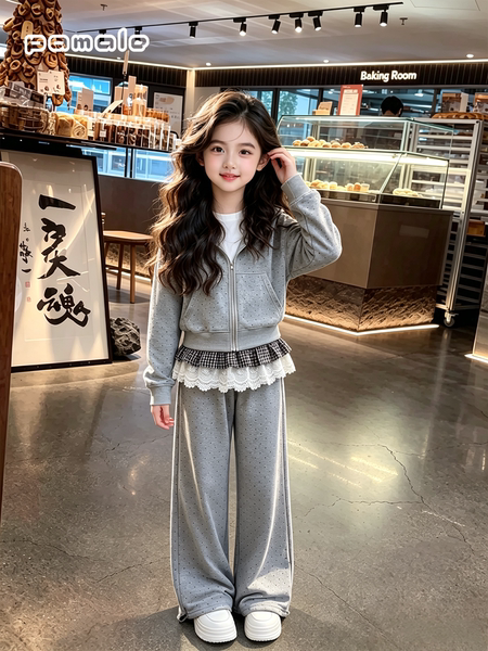 女童春秋装上衣套装2026新款女大童时尚波点外套休闲阔腿裤两件套 — 2