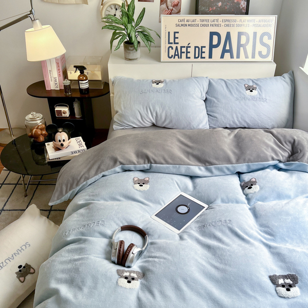 A类加厚保暖毛巾绣牛奶绒四件套珊瑚被套三件冬季1.8m床单笠用品