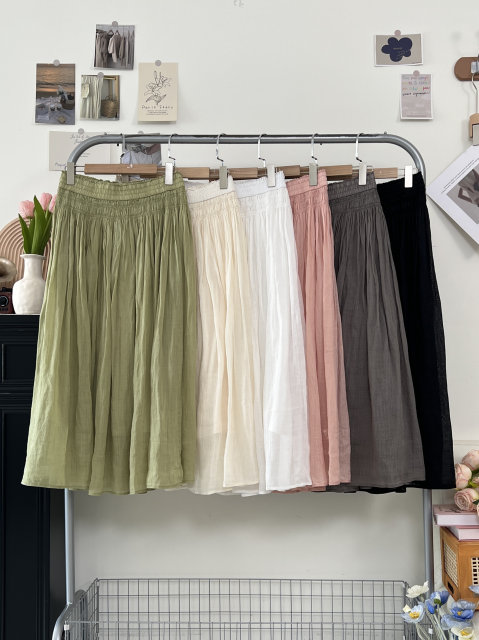 Sissi Girl Summer 100 Ramie Thin Skirt Women's Solid Color Mid-Long Skirt A-line Skirt Lined A-line Skirt