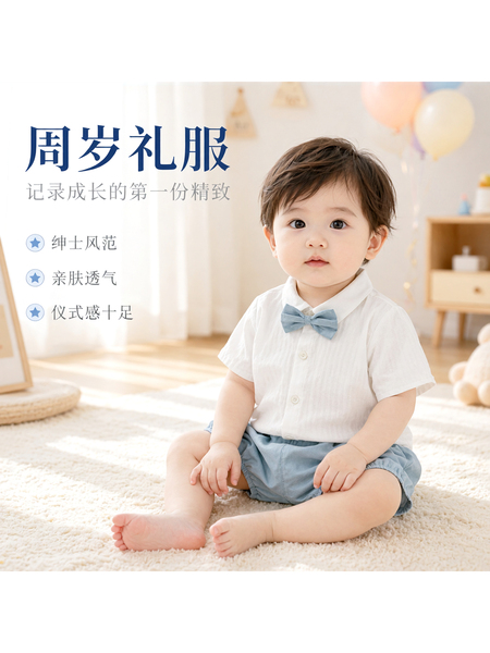 英伦男童夏装套装白色衬衫短裤两件套洋气休闲周岁礼服生日礼物薄 — 2