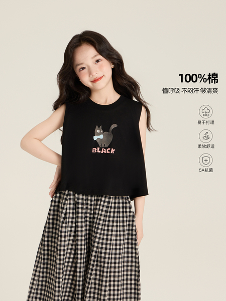 Amybaby女童套装夏季2026新款洋气宽松卡通无袖背心格子阔腿裤 — 2
