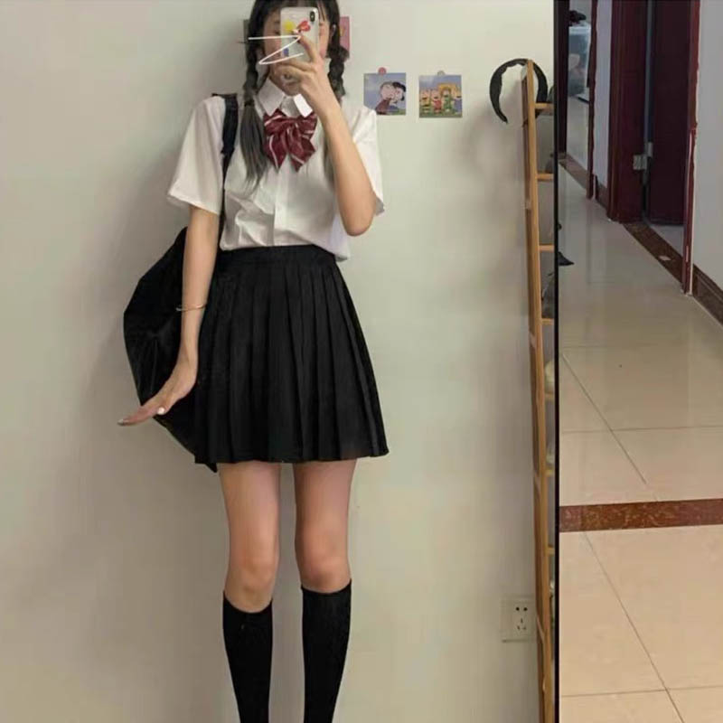 PREPPY JK UNIFORM MIDI PLEATED SKIRT SUIT LONG SKIRT STUDENT CLASS UNIFORM SHORT SLEEVE WHITE SHIRT WOMENS SUMMER
