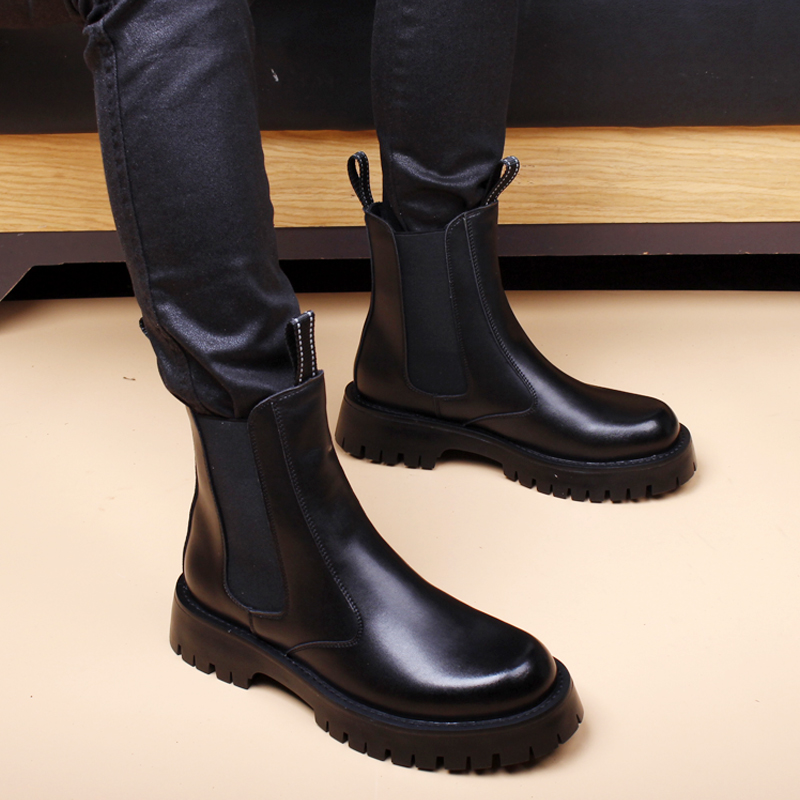 NEW CHELSEA LEATHER BOOTS MENS MID-TOP GENUINE LEATHER MARTIN BOOTS PIPE INSIDE HEIGHTENED BOOTIES VERSATILE MENS BOOTS HIGH TOP