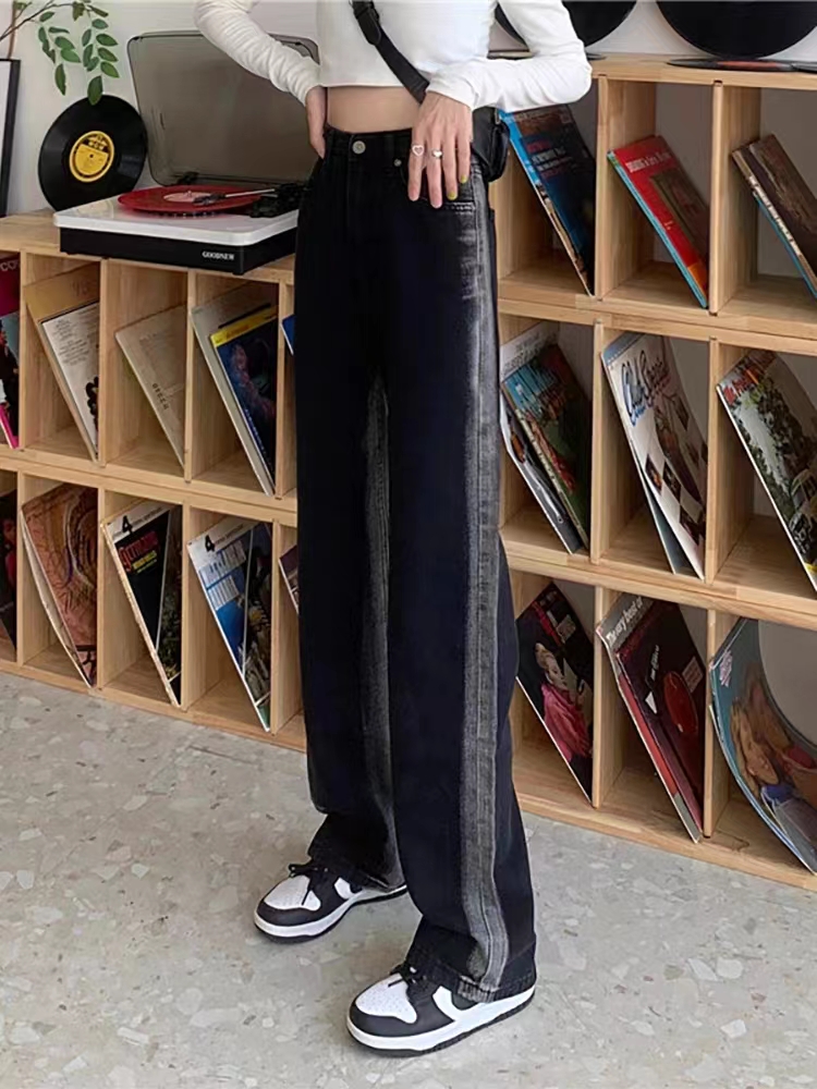 PEAR-SHAPED BODY PANTS FEMALE PLUS-SIZE FAT SISTER SPRING AND AUTUMN NEW HIGH-WAISTED SLIM DESIGN WIDE-LEG STRAIGHT-LEG JEANS