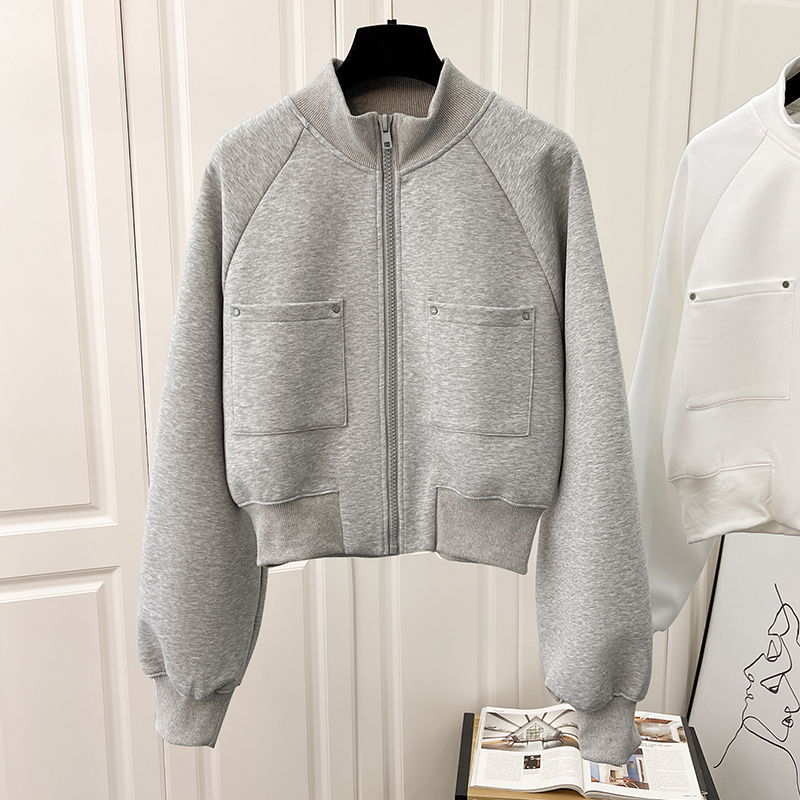 FOREIGN TRADE CUT LABEL REMOVAL CABINET TAIL GOODS THIN ZIPPER SWEATSHIRT WOMENS POCKET DESIGN SENSE SHORT STAND COLLAR CARDIGAN JACKET JACKET