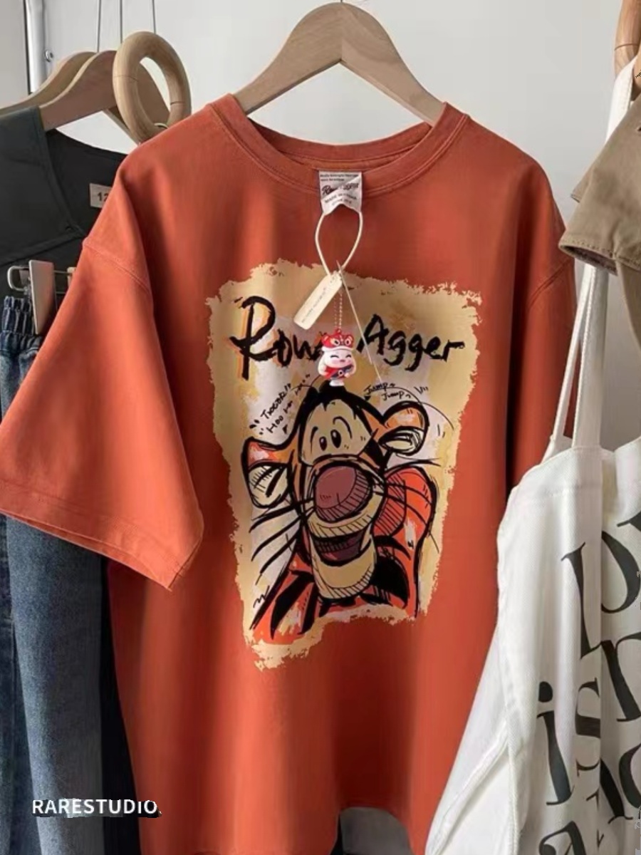 FOREIGN TRADE CUT LABEL CLEARANCE TAIL GOODS CARTOON TIGER PRINT AGE REDUCTION FOREIGN ATMOSPHERE LOOSE ROUND NECK COTTON SHORT SLEEVE T-SHIRT WOMENS INS