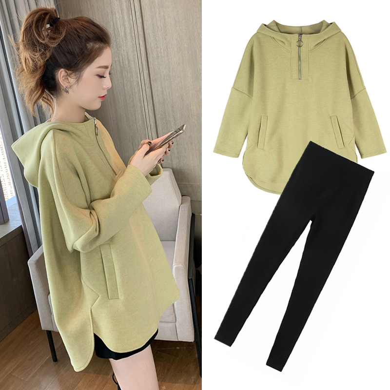 PREGNANT WOMEN AUTUMN SUIT FASHION FOREIGN SWEATSHIRT 2022 SPRING AND AUTUMN NEW INTERNET CELEBRITY GREEN TOP OUT TWO-PIECE TREND