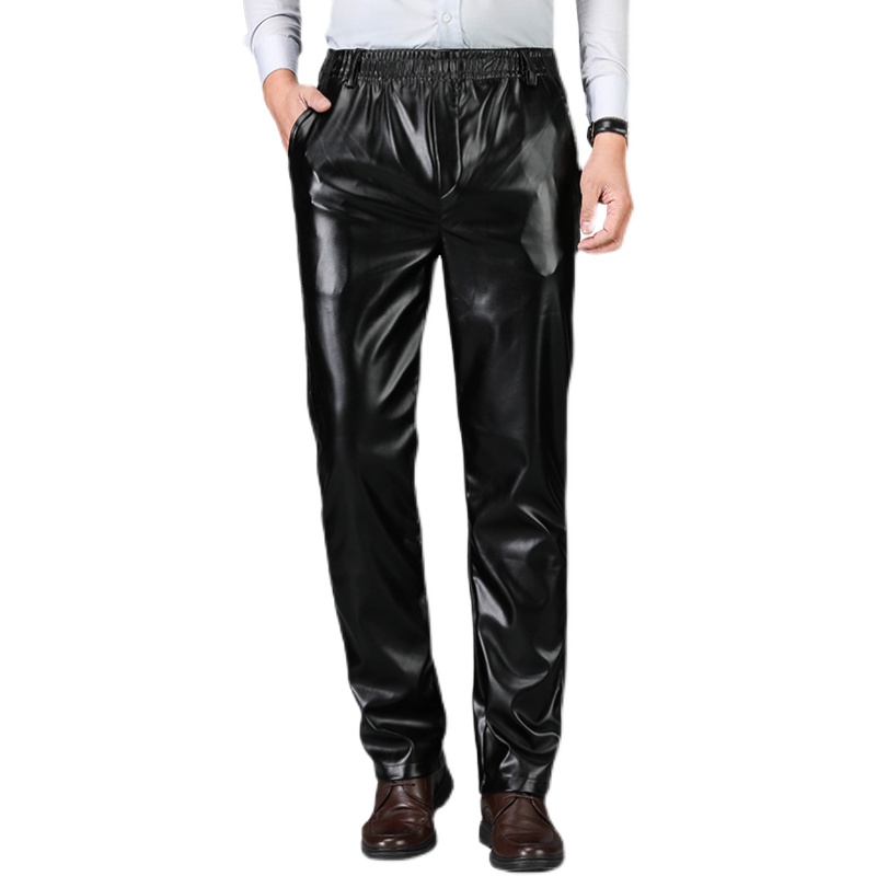 LEATHER PANTS MENS VELVET ELASTIC WAIST MIDDLE-AGED AND ELDERLY CASUAL TROUSERS WINDPROOF WATERPROOF AND WARM AUTUMN AND WINTER PANTS WORK LABOR PROTECTION PANTS