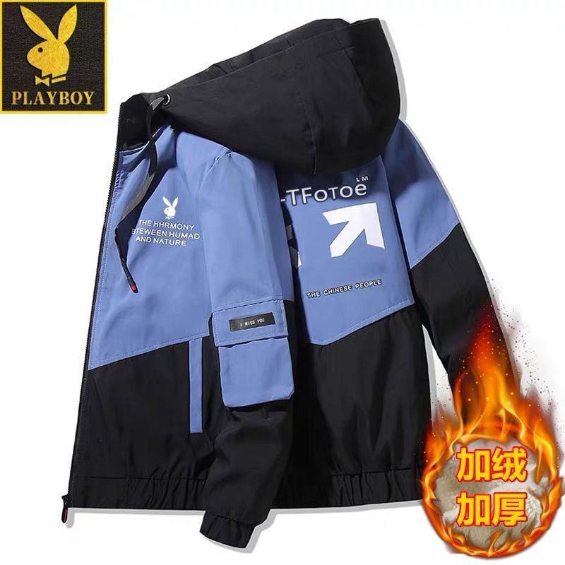 PLAYBOY MENS JACKET AUTUMN AND WINTER TREND CARGO JACKET WEAR FLEECE THICKENED CASUAL AND VERSATILE TRENDY WINDBREAKER