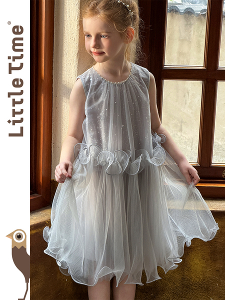 littletime梦幻无袖纱质连衣裙女童水母钉珠蓬蓬裙白色灰色礼服 — 5