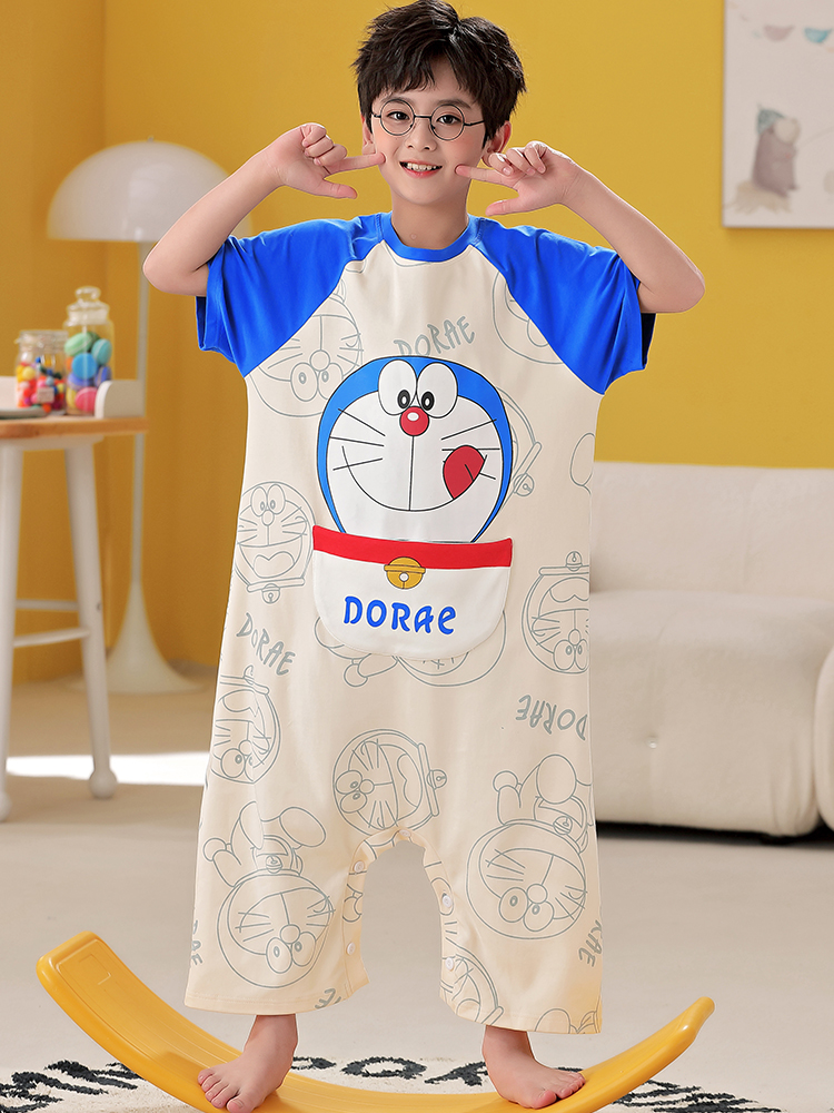 CHILDRENS PAJAMAS BOYS SUMMER COTTON KICK-PROOF QUILTS ONESIES SHORT SLEEVES LONG PANTS AIR-CONDITIONED CLOTHES BOYS BABY LOUNGEWEAR
