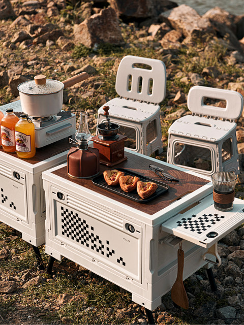 Outdoor camping box foldable storage box large capacity three-door portable picnic camping box table integrated small table