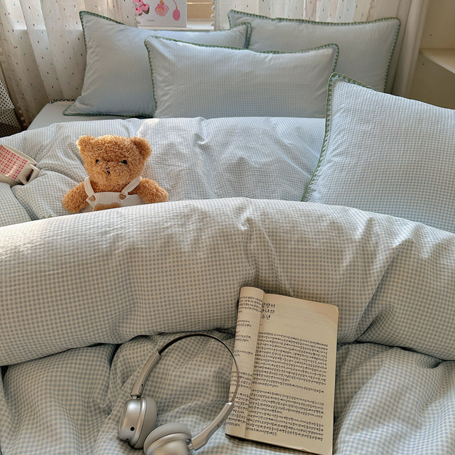 Simple cream style shell edge bed four-piece set pure cotton full cotton double layer yarn sheet quilt cover cover dormitory three-piece set