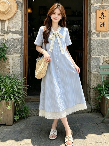 孕妇连衣裙夏季薄款2026新款蓝色甜美蕾丝拼接短袖A字裙中长款女 — 2