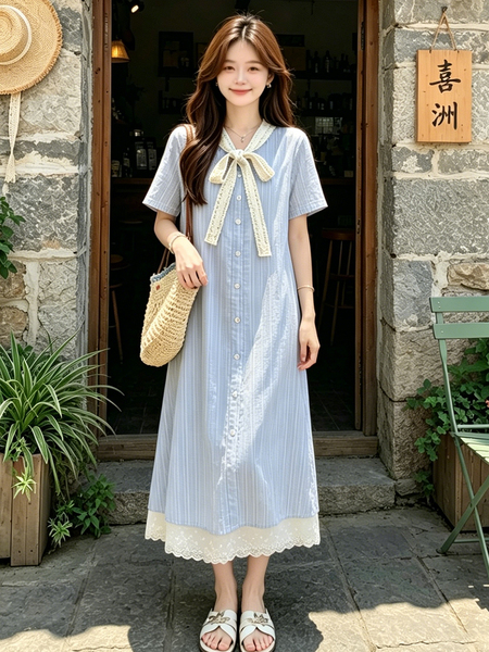 孕妇连衣裙夏季薄款2026新款蓝色甜美蕾丝拼接短袖A字裙中长款女 — 4