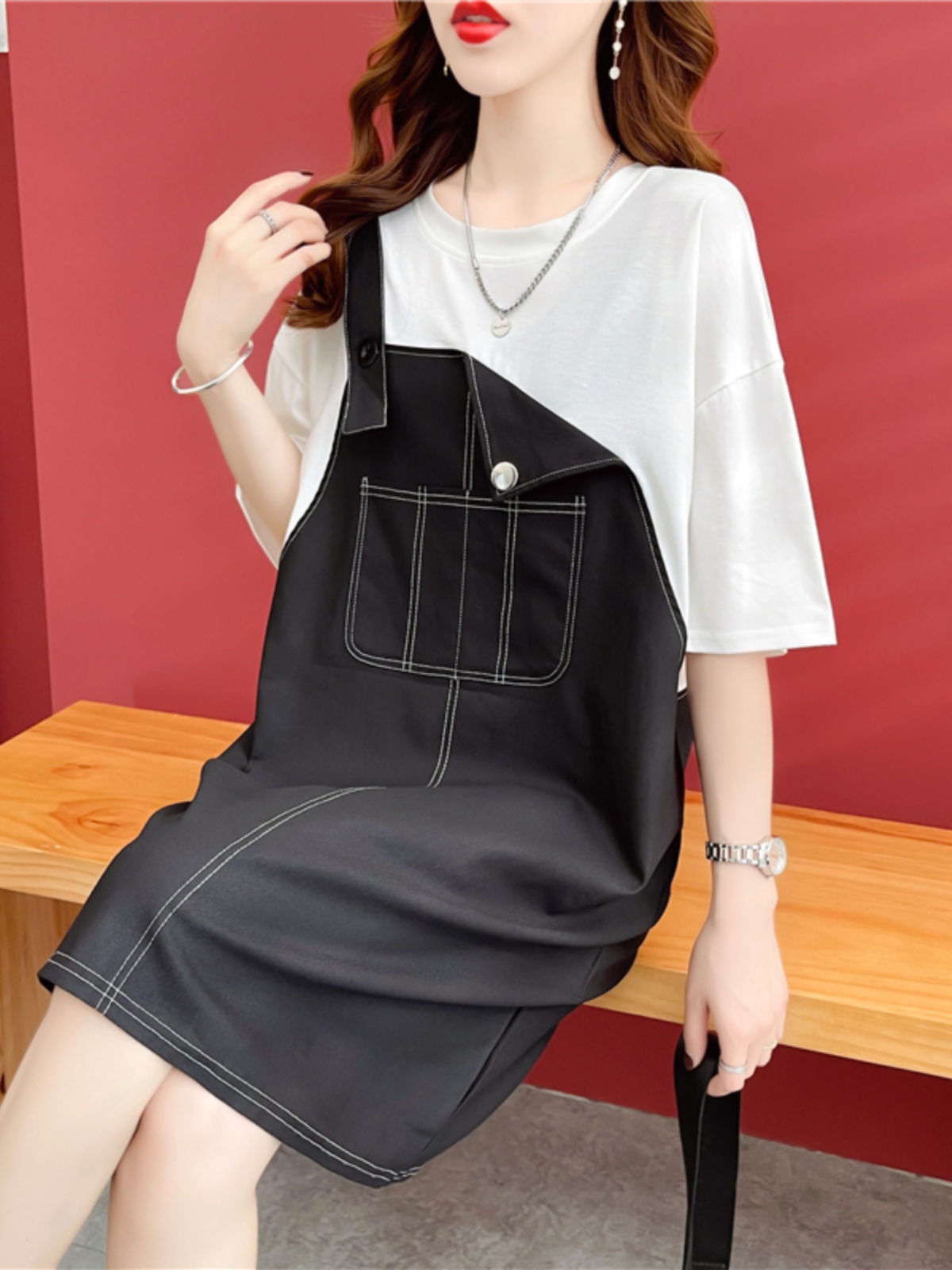 EUROPEAN STATION FAKE TWO-PIECE DRESS DESIGN SENSE STUDENT CASUAL T-SHIRT SKIRT LOOSE PLUS SIZE SKIRT SUMMER BELLY COVERING GIRL