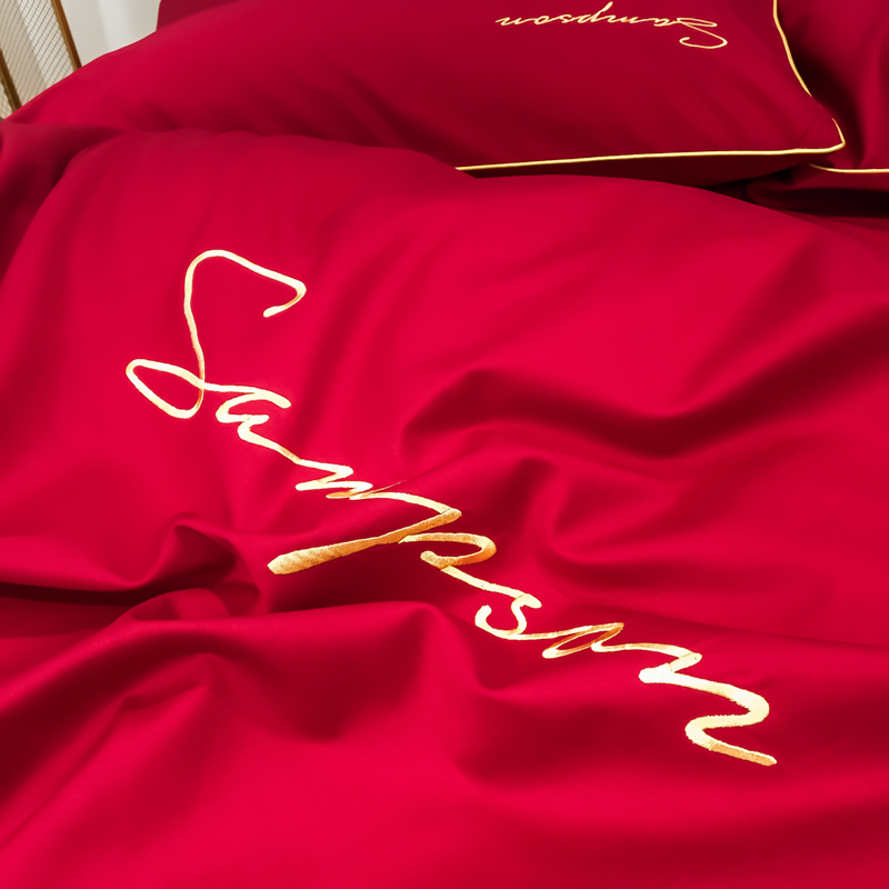 COTTON WEDDING FOUR-PIECE SET BIG RED COTTON SIMPLE EMBROIDERY DOUBLE WEDDING QUILT COVER WEDDING GIFT 1.8M BEDDING