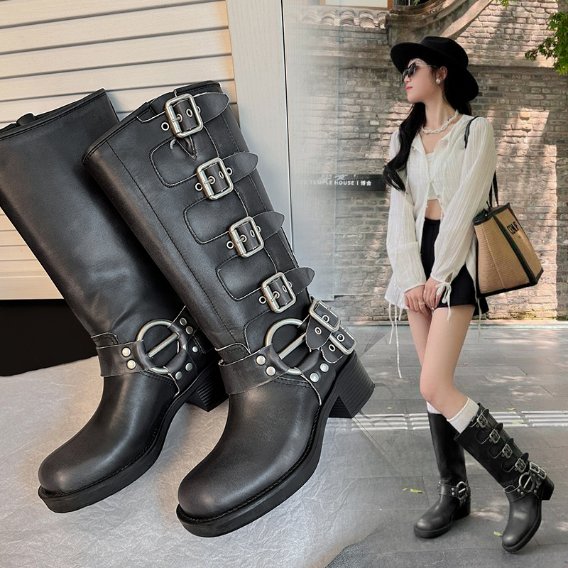 MENGLING LEATHER MID-HEIGHT BOOTS WESTERN COWBOY BOOTS WOMENS RETRO BRITISH STYLE KNIGHT BOOTS BROWN PUNK BOOTS