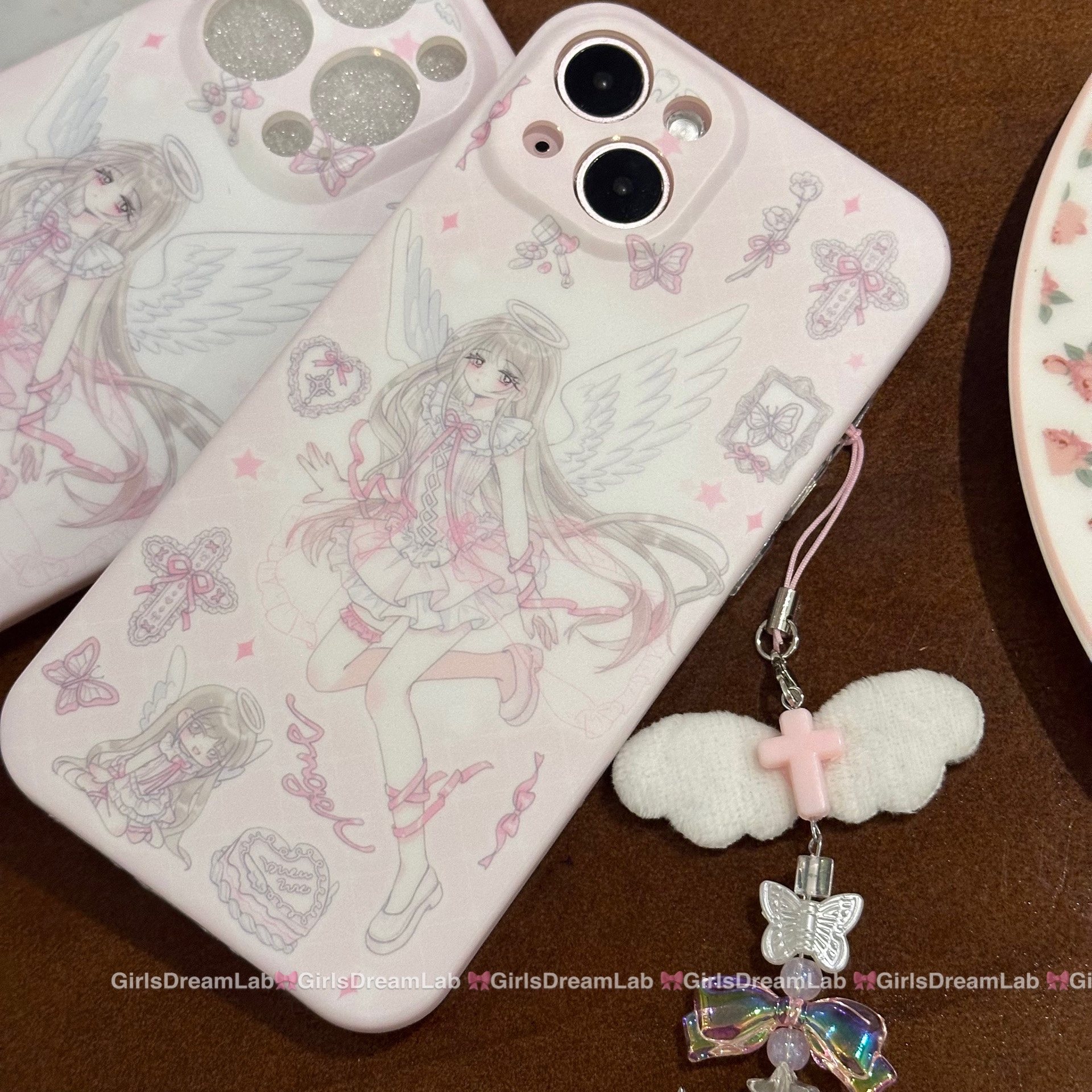 ORIGINAL HOMEMADE PINK WINGS LACE GIRL HEART SUBCULTURE MOBILE PHONE PENDANT BAG HANGING KEYCHAIN GOOBEN PENDANT